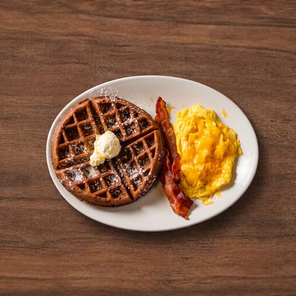 Dark waffle with butter and powdered sugar, bacon, and cheesy scrambled eggs on a white plate.