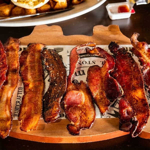 Crispy bacon strips on a wooden board with newspaper-style paper, with a breakfast plate in the background.