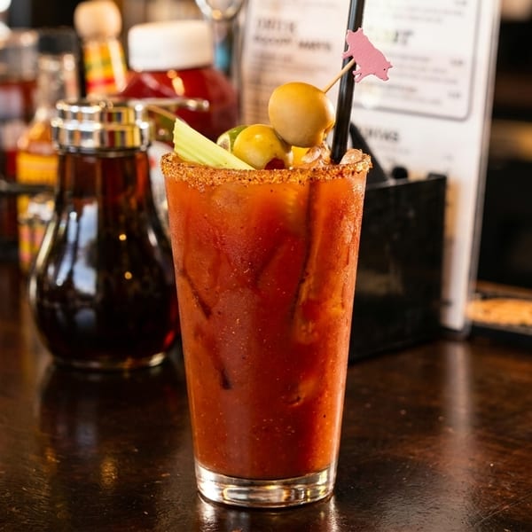 A Bloody Mary cocktail with celery, olives, and a pig-shaped pick on a dark wooden bar.