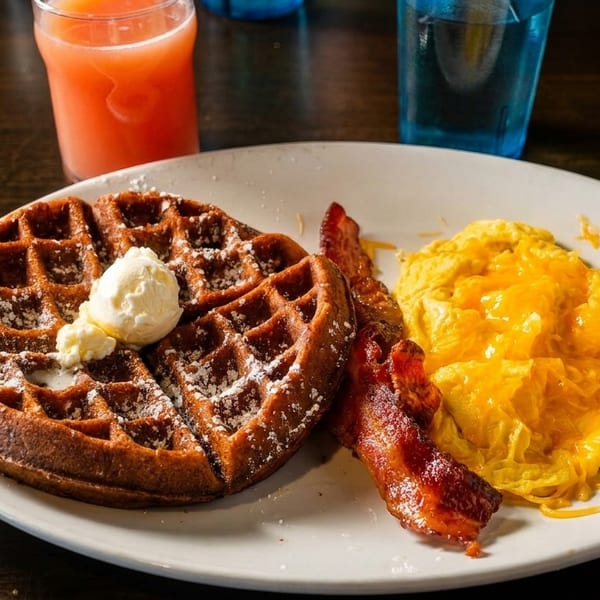 A breakfast plate with a waffle, bacon, and cheesy scrambled eggs, with drinks in the background.